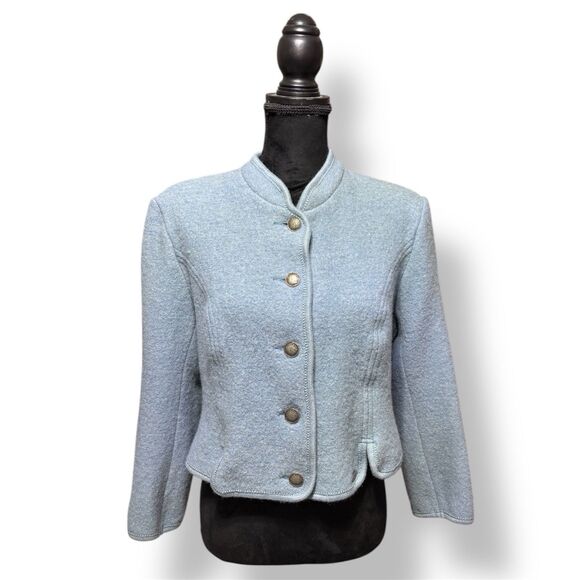 Giesswein Austria Boiled Wool Jacket Womens Size 44 Light Blue Button Front Crop - Picture 1 of 11